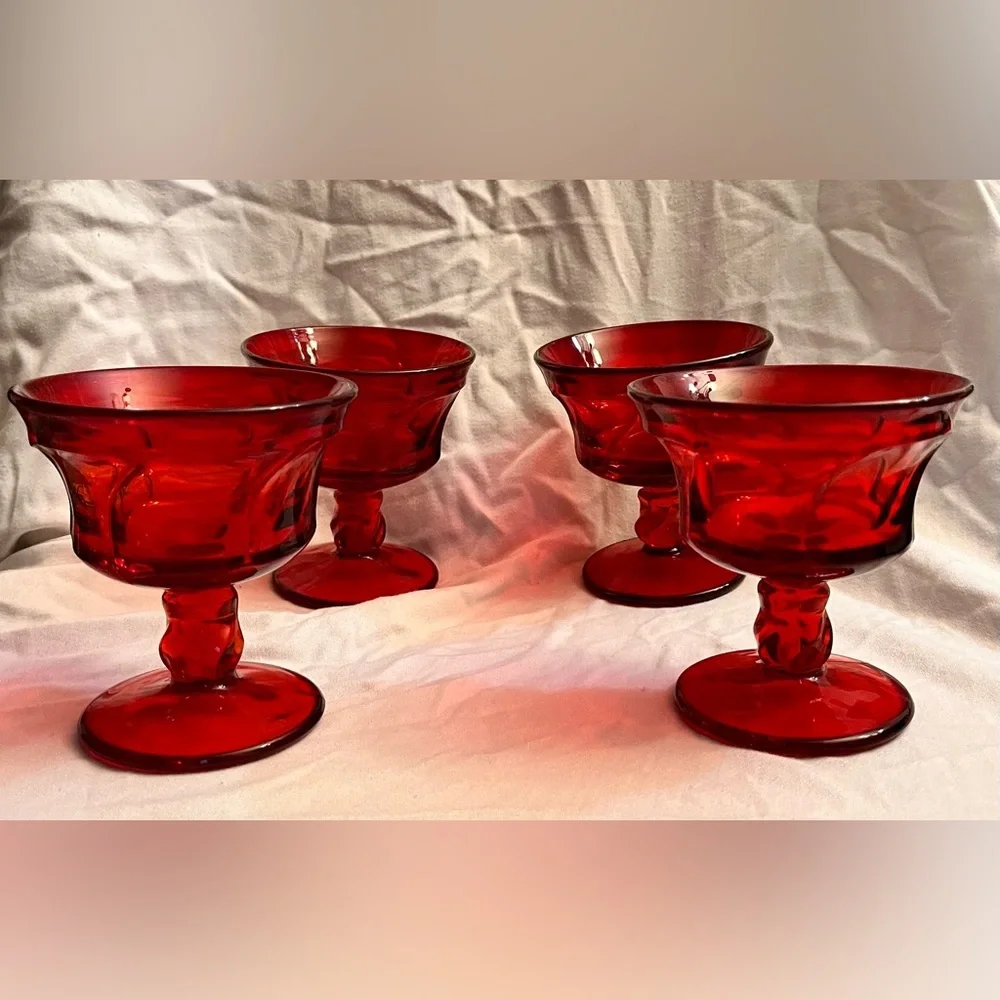 Fostoria Jamestown Ruby Red Sherbet Champagne Glasses Swirl Vintage Set of 4